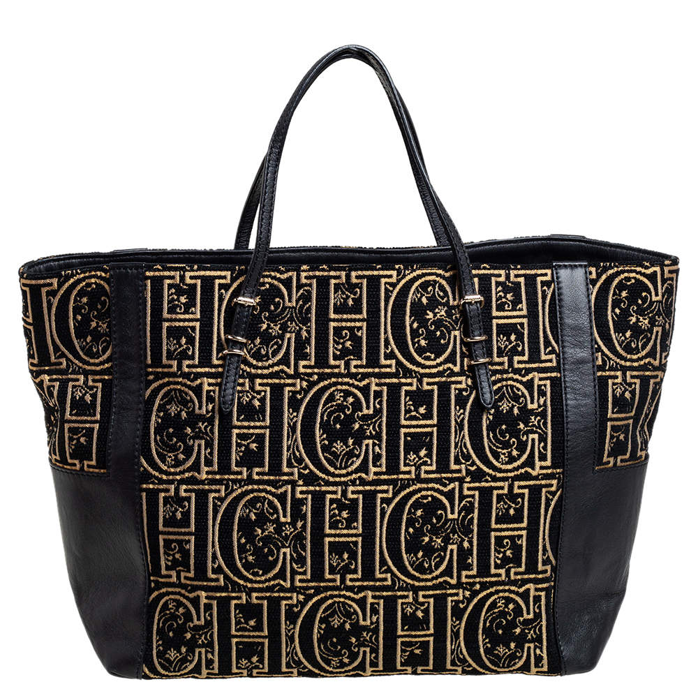 Pre Owned CH Carolina Herrera Black/Gold Leather, Fabric Tote