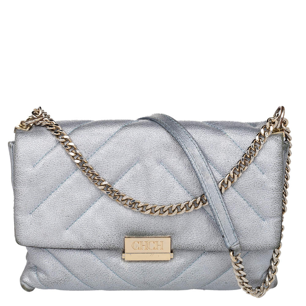 Pre Owned CH Carolina Herrera Metallic Grey Quilted Leather Flap Shoulder Bag