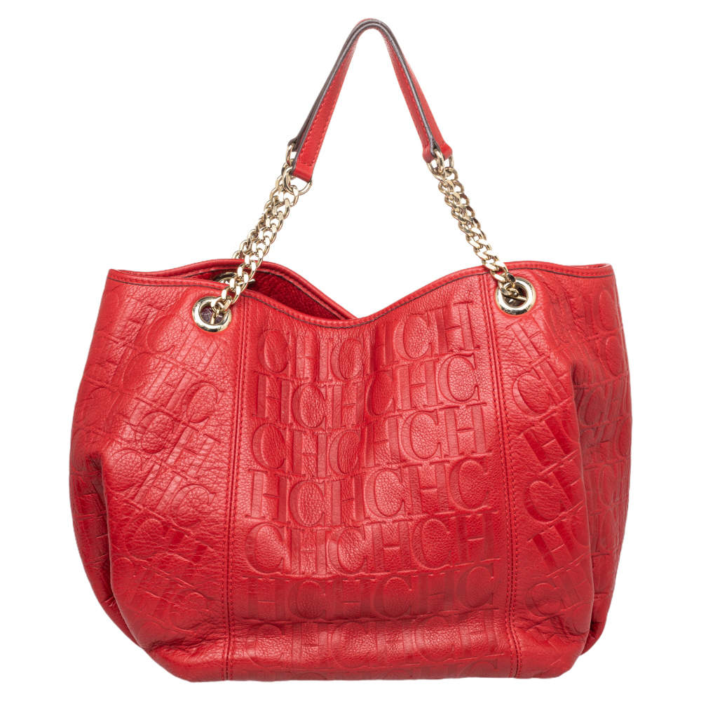 Pre Owned CH Carolina Herrera Red Monogram Embossed Leather Chain Handle Tote