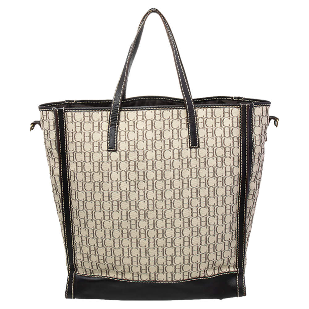 Pre Owned CH Carolina Herrera Beige/Brown Monogram Canvas and Leather Tote