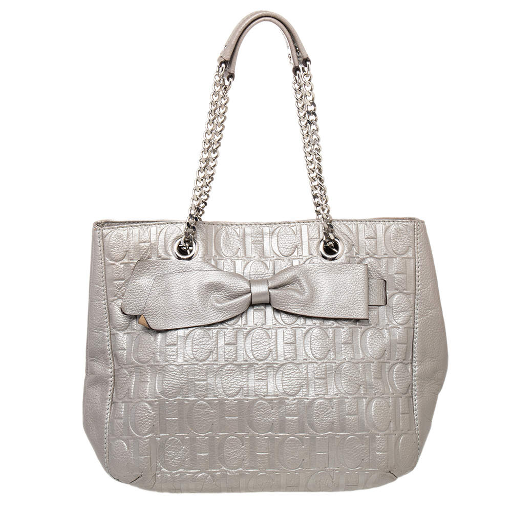 Pre Owned Carolina Herrera Metallic Grey Monogram Leather Audrey Tote