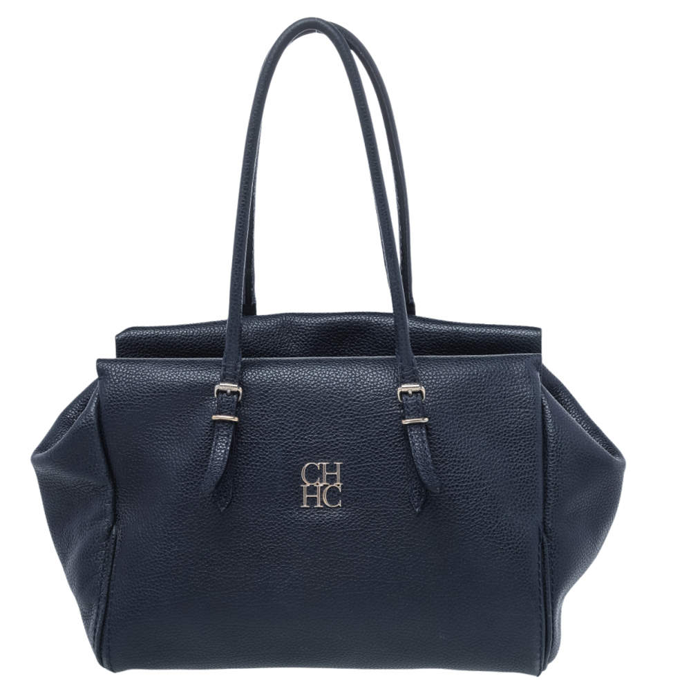 Pre Owned Carolina Herrera Dark Navy Leather Tote