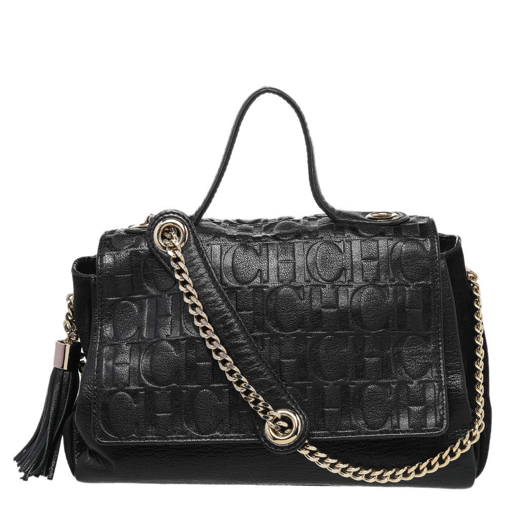 مملوكة مسبقًا حقيبة سي أتش كارولينا هيريا يد علوية قلاب جلد مونوغرامي أسود