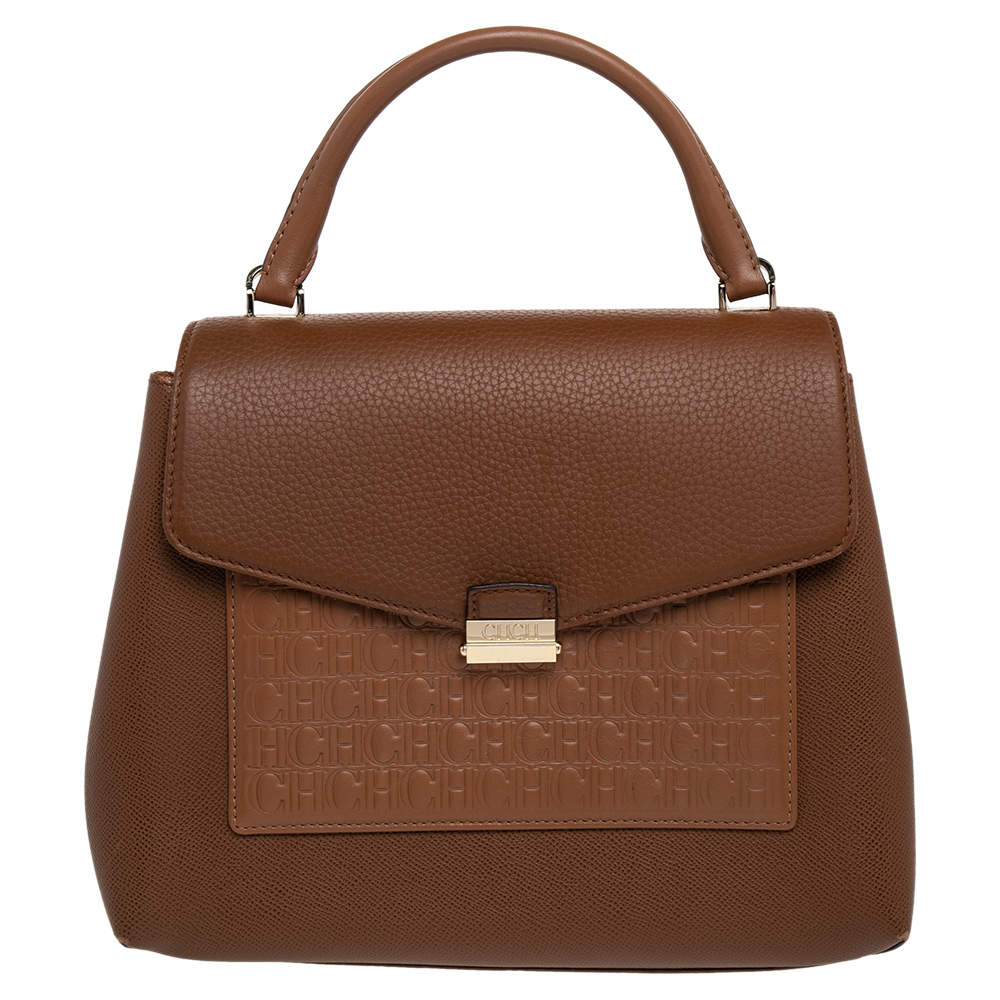 Pre Owned حقيبة سي أتش كارولينا هيريرا جلد بني مونوغرامي بيد علوية