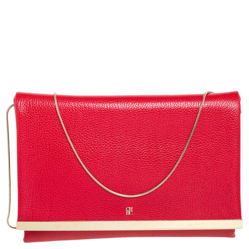 Pre Owned Carolina Herrera Red Leather Flap Clutch