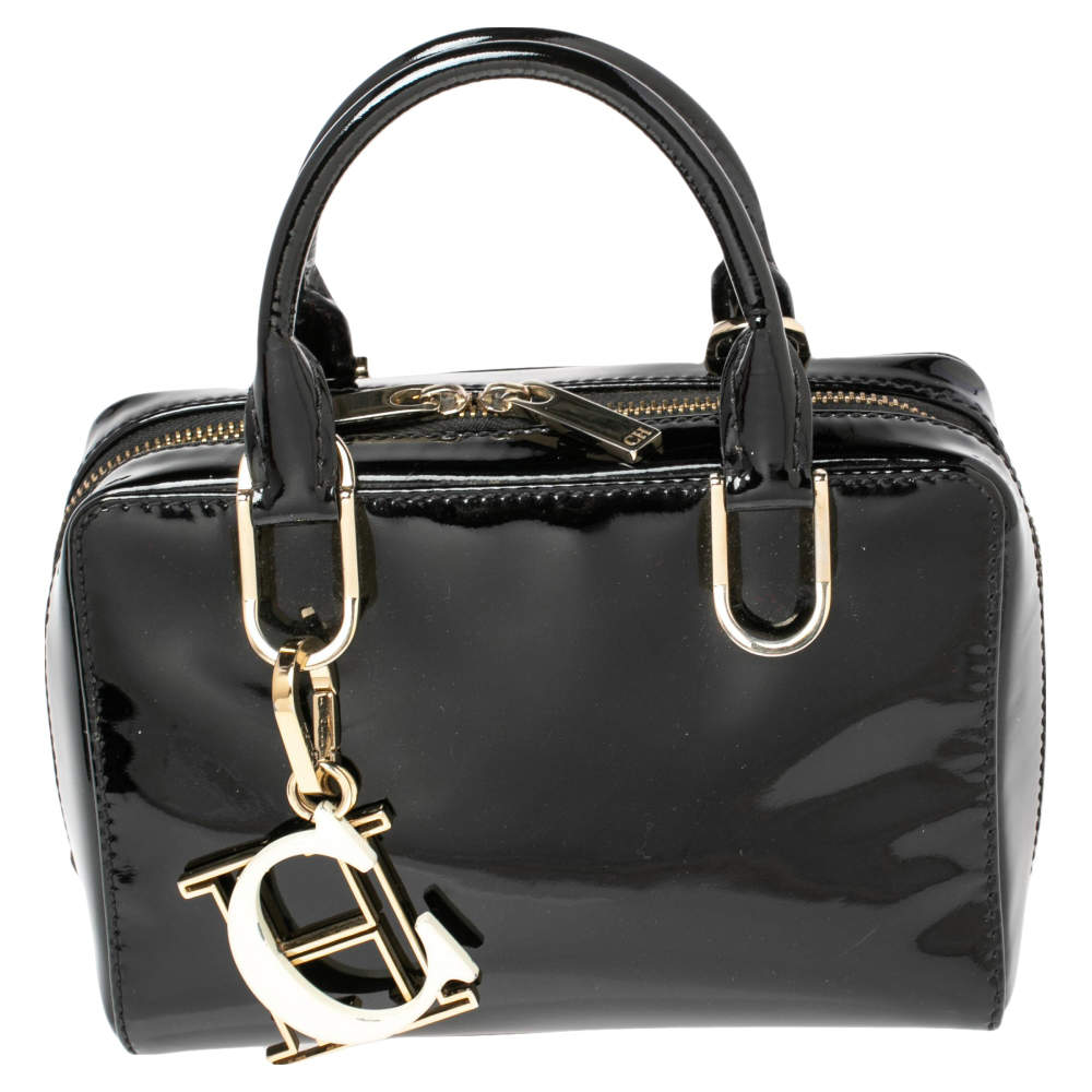Pre Owned Carolina Herrera Black Patent Leather Micro Logo Charm Satchel