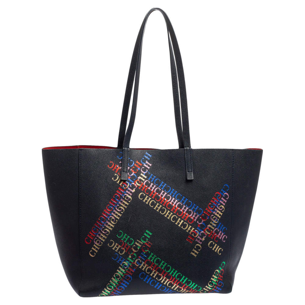 Pre Owned Carolina Herrera Multicolor Logo Print Leather Open Tote