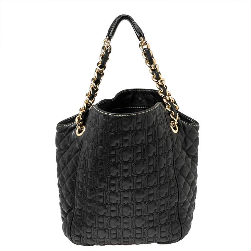 Pre Owned CH Carolina Herrera Black Embossed Leather Tote