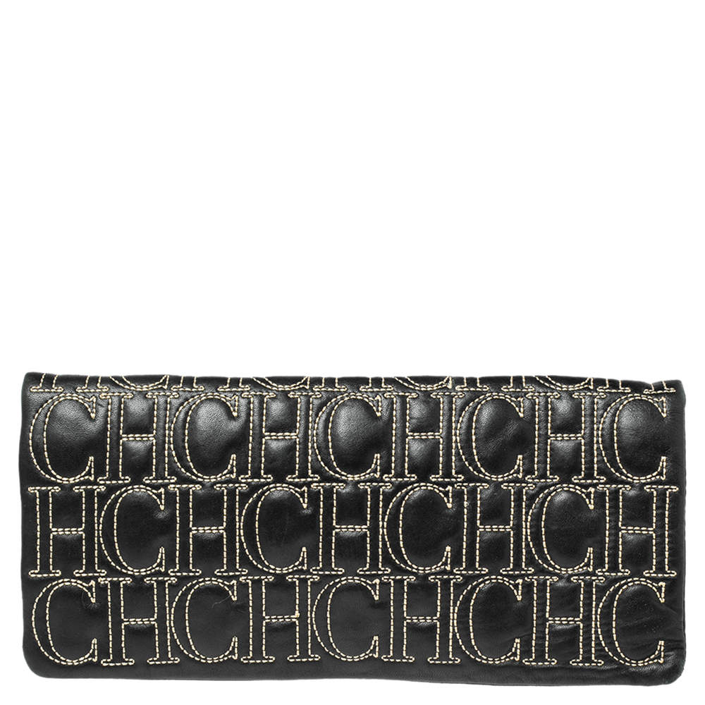 Pre Owned CH Carolina Herrera Black Monogram Leather Clutch