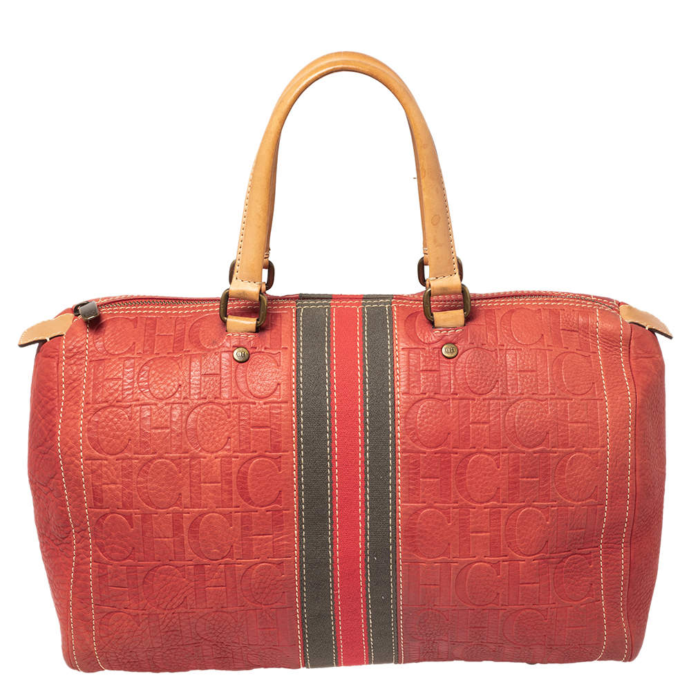 Pre Owned CH Carolina Herrera Red/Beige Embossed Leather Andy Boston Bag