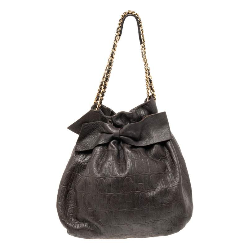 Pre Owned CH Carolina Herrera Dark Brown Embossed Leather Bow Bucket Bag