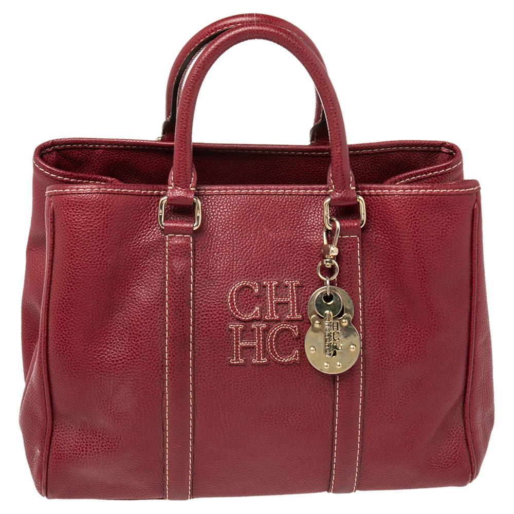 Pre Owned CH Carolina Herrera Burundy Leather Matteo Tote