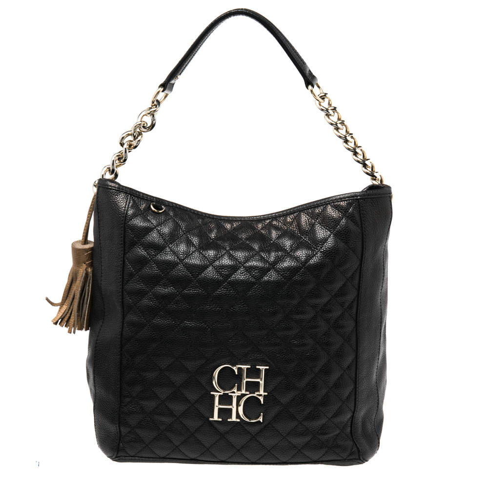 Pre Owned CH Carolina Herrera Black Quilted Leather Chain Hobo