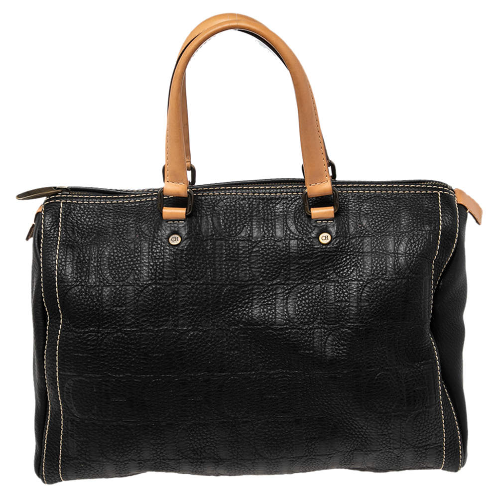 Pre Owned CH Carolina Herrera Black Monogram Leather Large Andy Boston Bag
