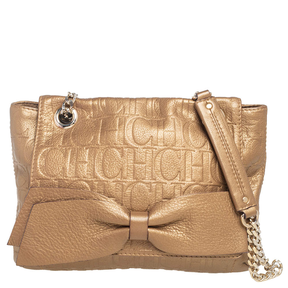CH Carolina Herrera Gold Monogram Leather Audrey Shoulder Bag CH