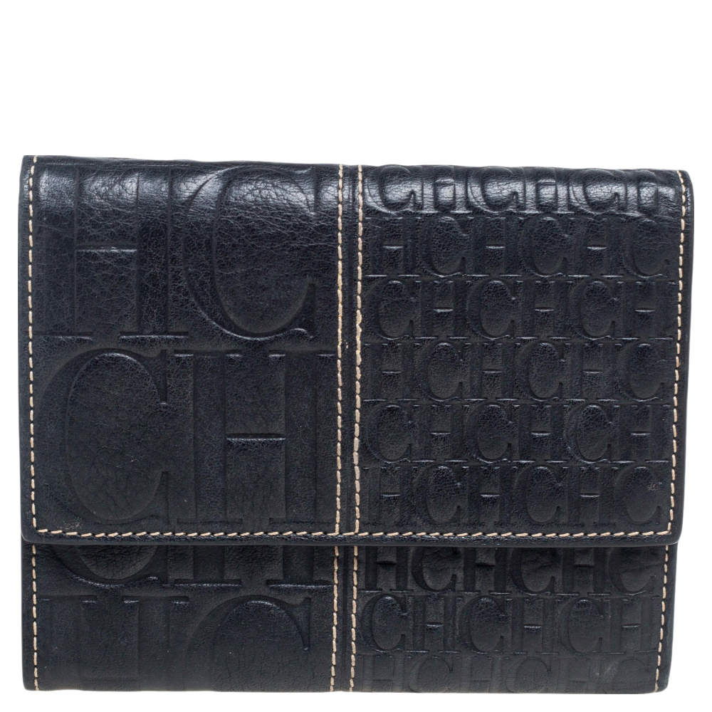 مملوكة مسبقًا CH Carolina Herrera Black Monogram Embossed Leather Trifold Wallet