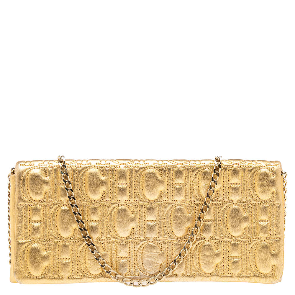 Pre Owned حقيبة كلتش سي أتش كارولينا هيريرا جلد مونوغرامي ذهبي 