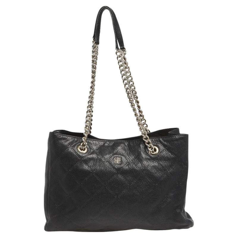 CH Carolina Herrera Black Quilt Pattern Leather Chain Shopper Tote CH ...