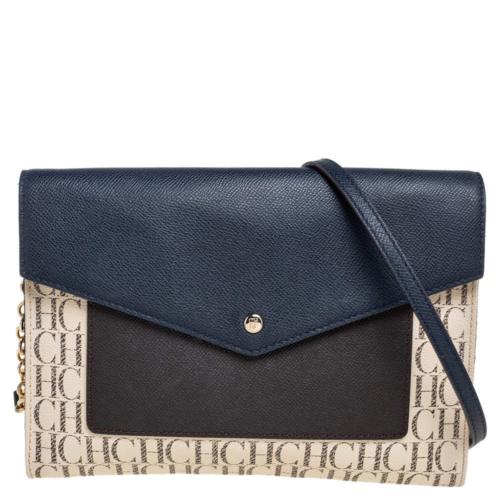 مملوكة مسبقًا حقيبة كتف كارولينا هيريرا جلد وكانفاس مونوغرامي متعدد الألوان بقلاب