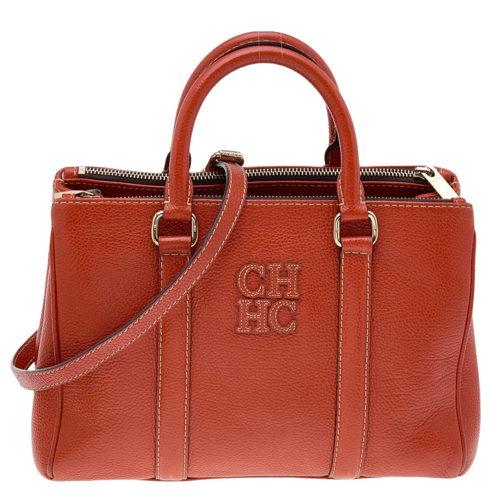 Pre Owned CH Carolina Herrera Orange Leather Matteo Tote