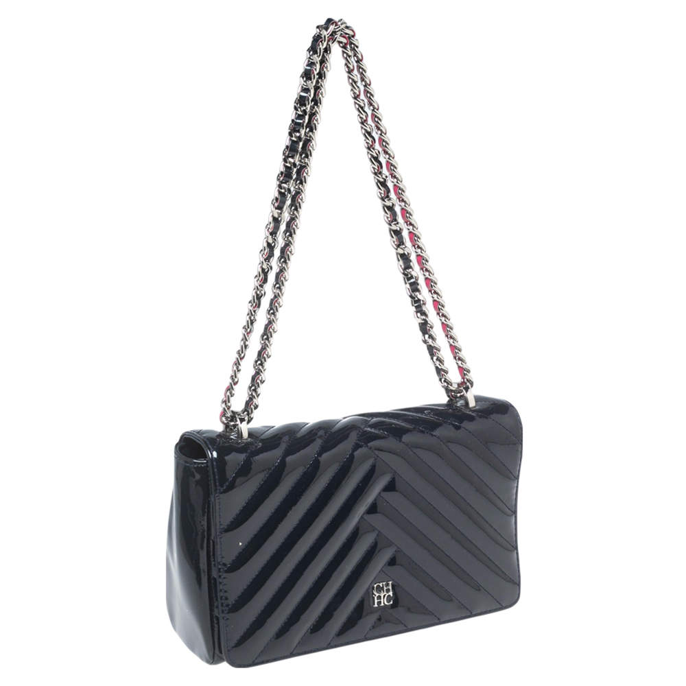 Pre-owned Ch Carolina Herrera Dark Blue Chevron Patent Leather Bimba Chain  Flap Shoulder Bag