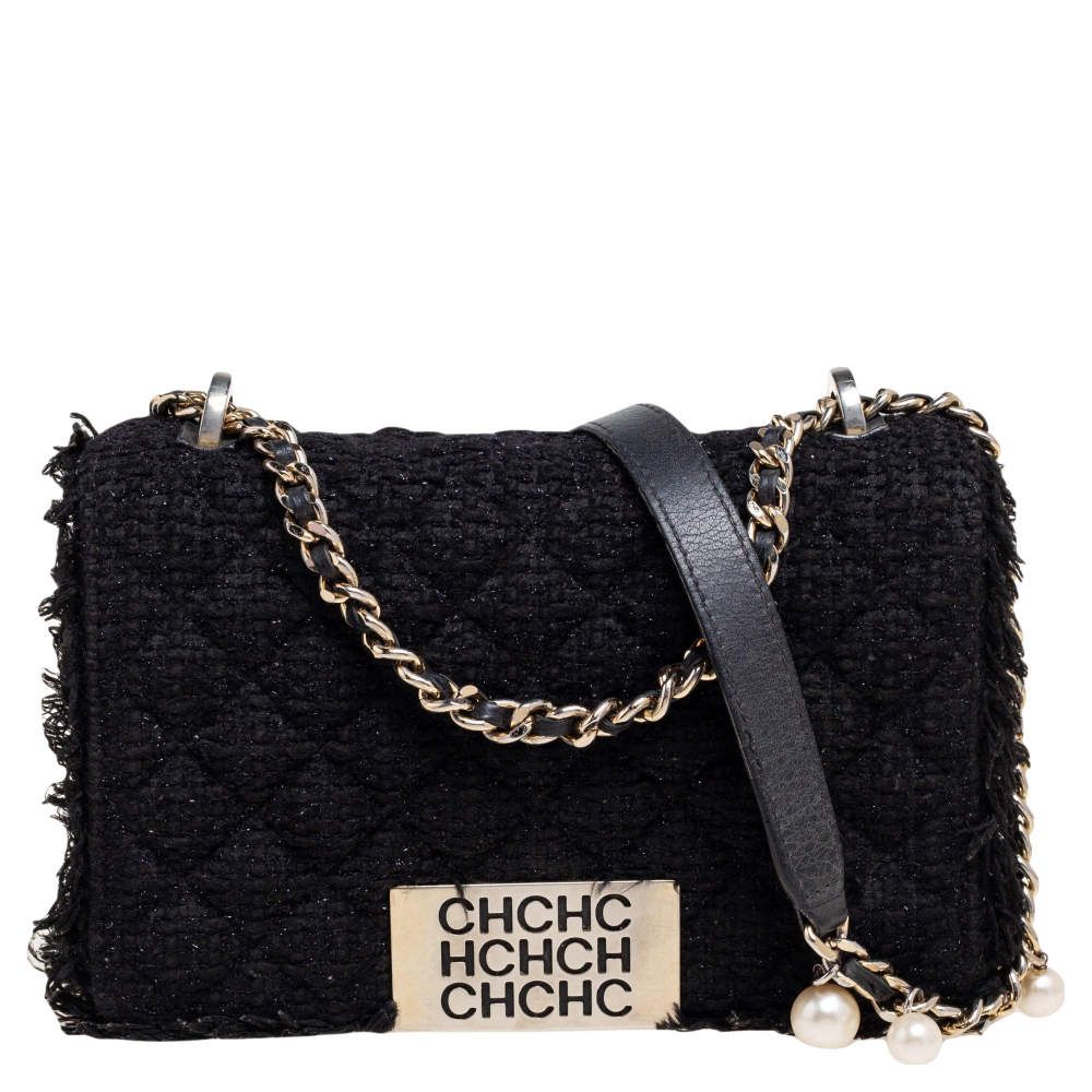 Pre Owned CH Carolina Herrera Black Fabric Pearl Embellished Shoulder Bag