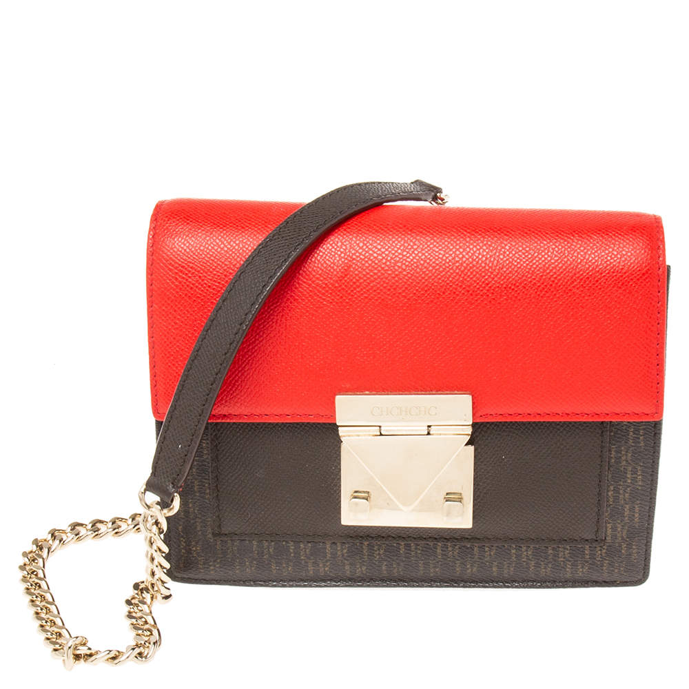 Pre Owned Carolina Herrera Brown/Red Coated Canvas and Leather Small Carry On Bandoulière Bag