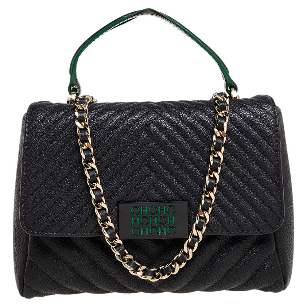 Pre Owned CH Carolina Herrera Black Chevron Leather Chain Flap Shoulder Bag