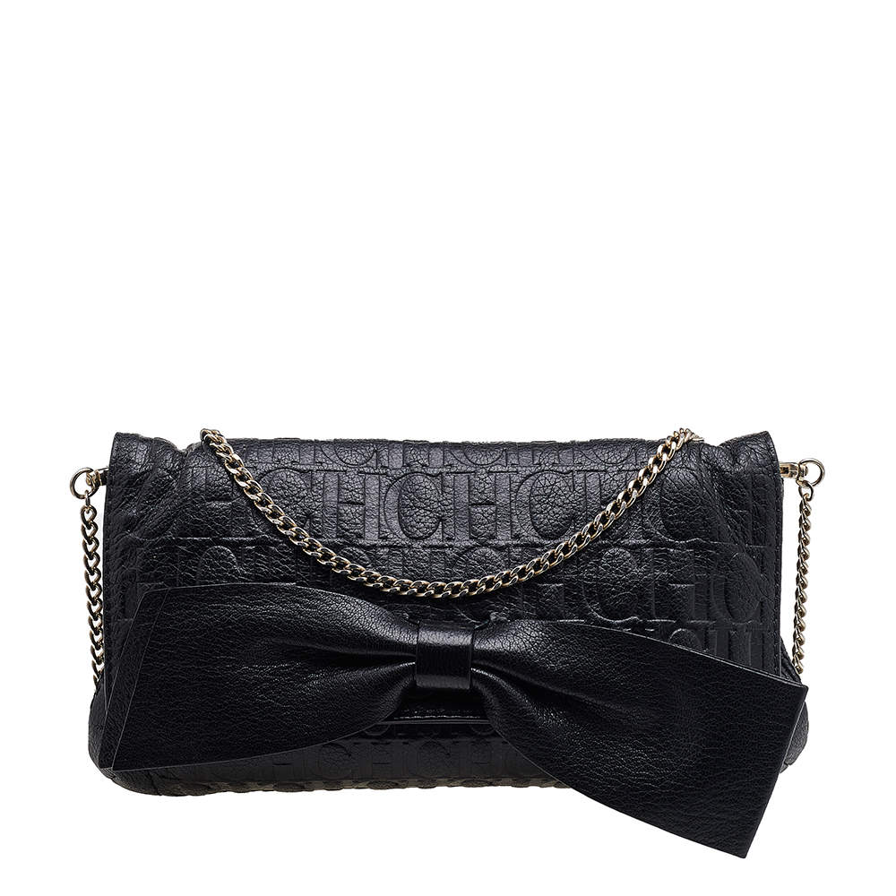 Carolina Herrera Black Embossed Leather Audrey Bow Flap Shoulder Bag ...