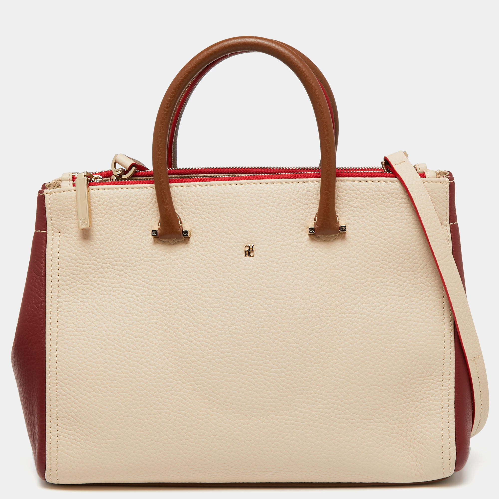 Pre Owned CH Carolina Herrera Red/Beige Leather Double Zip Tote