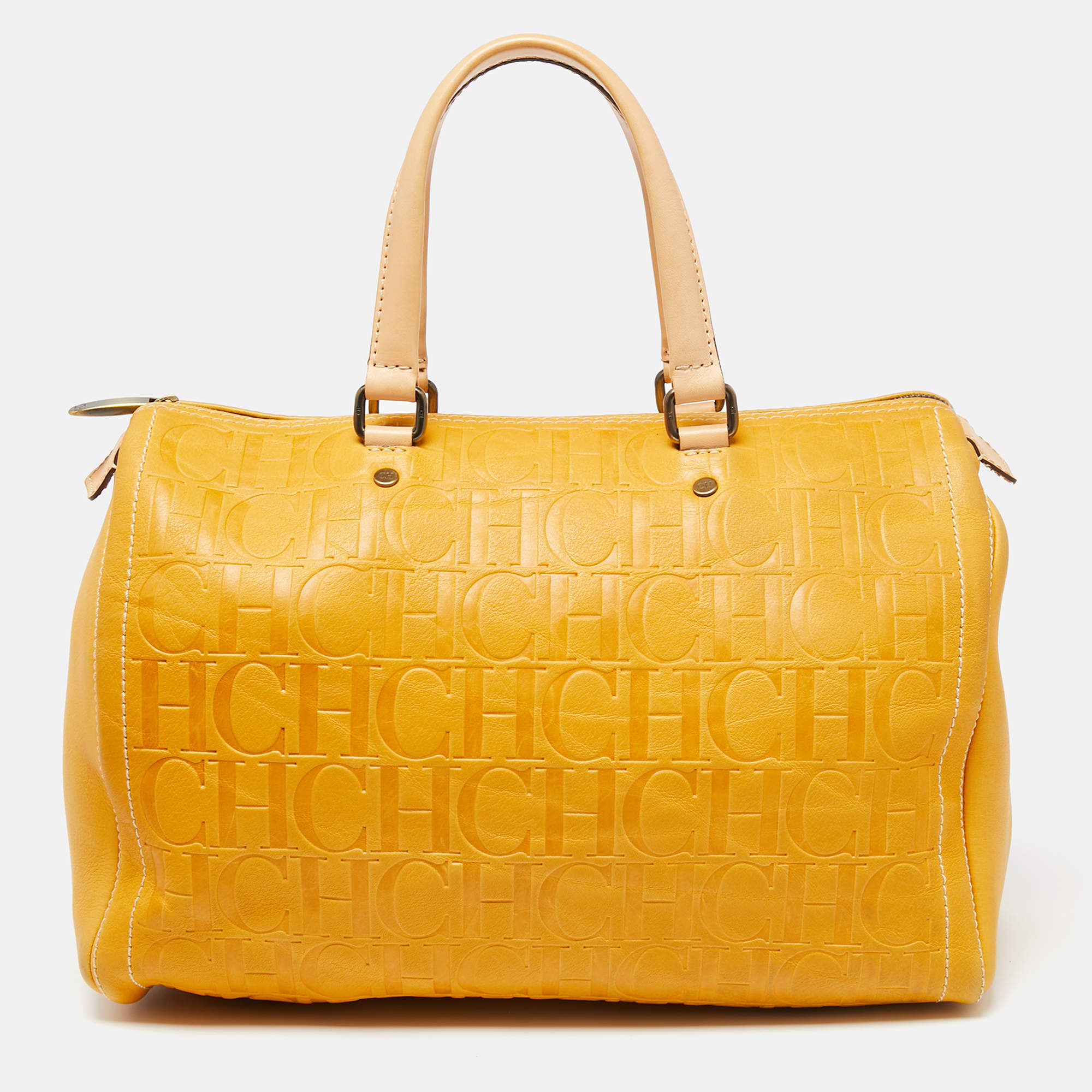 Pre Owned CH Carolina Herrera Mustard Monogram Embossed Leather Large Andy Boston Bag