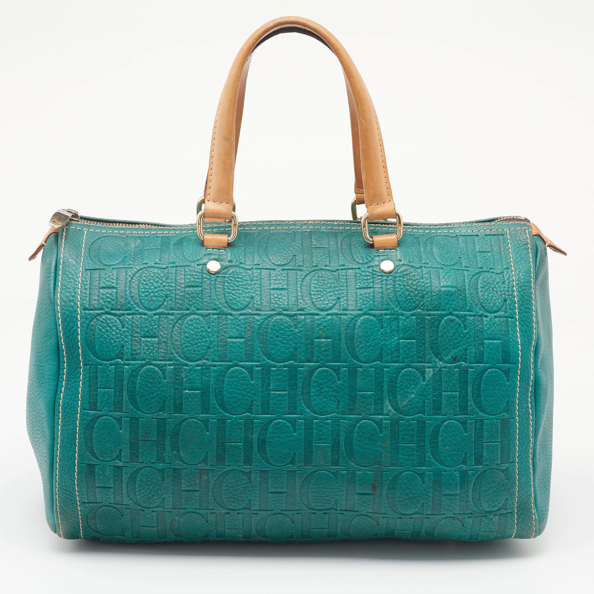 Pre Owned CH Carolina Herrera Green/Brown Monogram Embossed Leather Andy Boston Bag