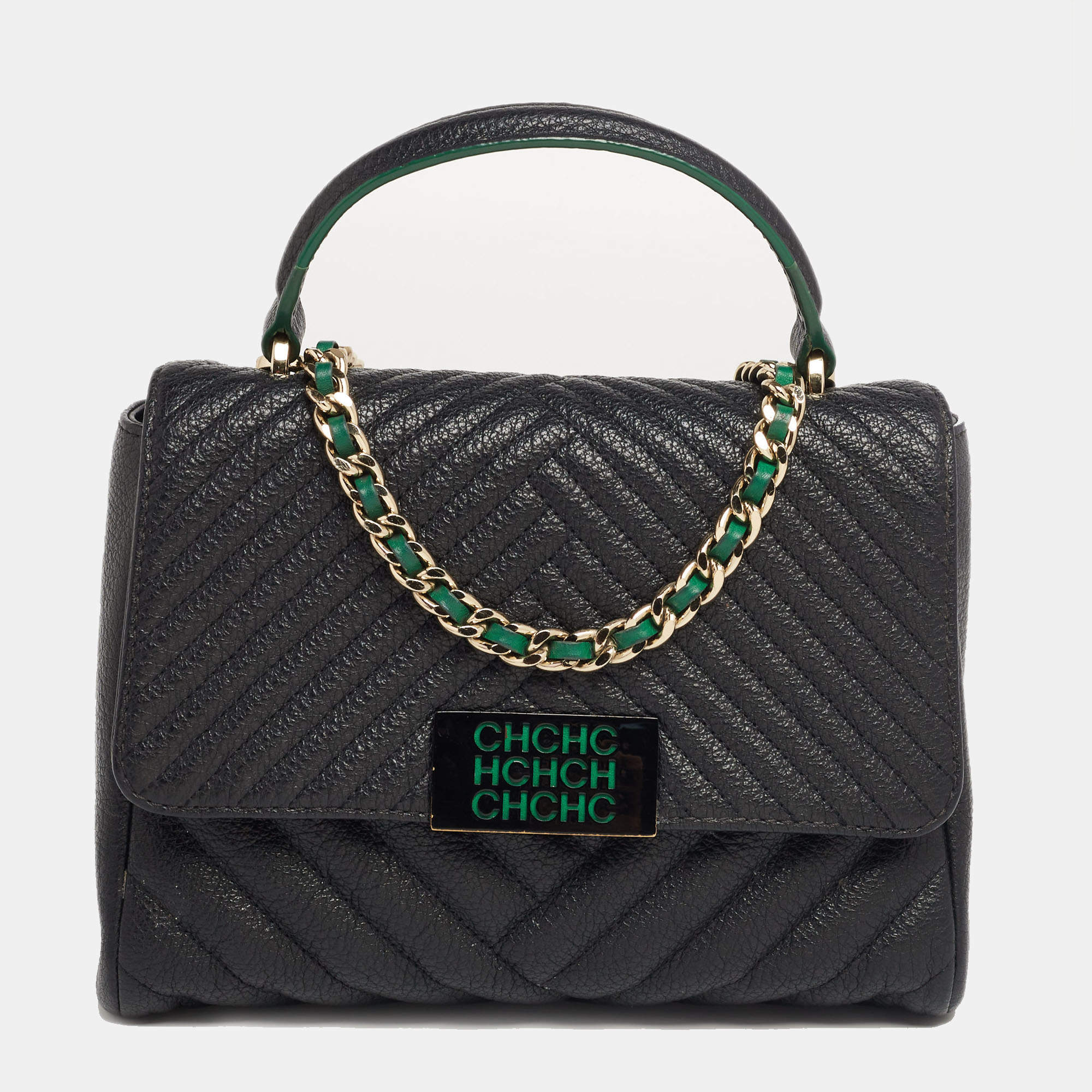 مملوكة مسبقًا CH Carolina Herrera Black Quilted Leather Flap Top Handle Bag