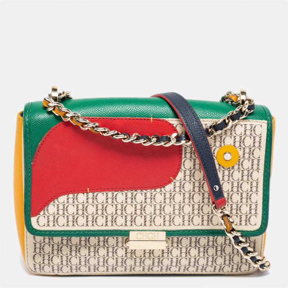 Pre Owned CH Carolina Herrera Multicolor Monogram Coated Canvas and Leather Flap Crossbody Bag
