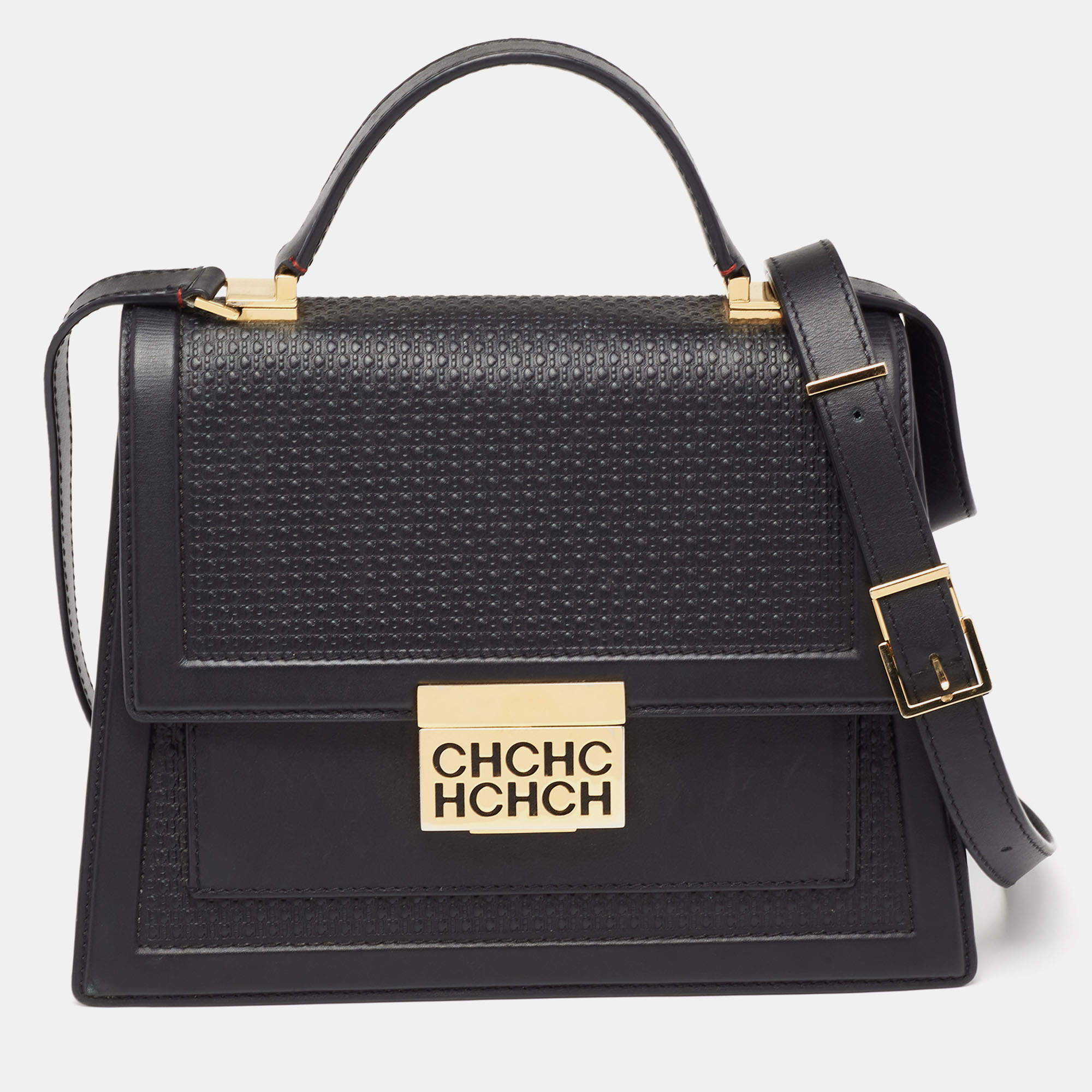 Pre Owned CH Carolina Herrera Black Monogram Embossed Leather Top Handle Bag