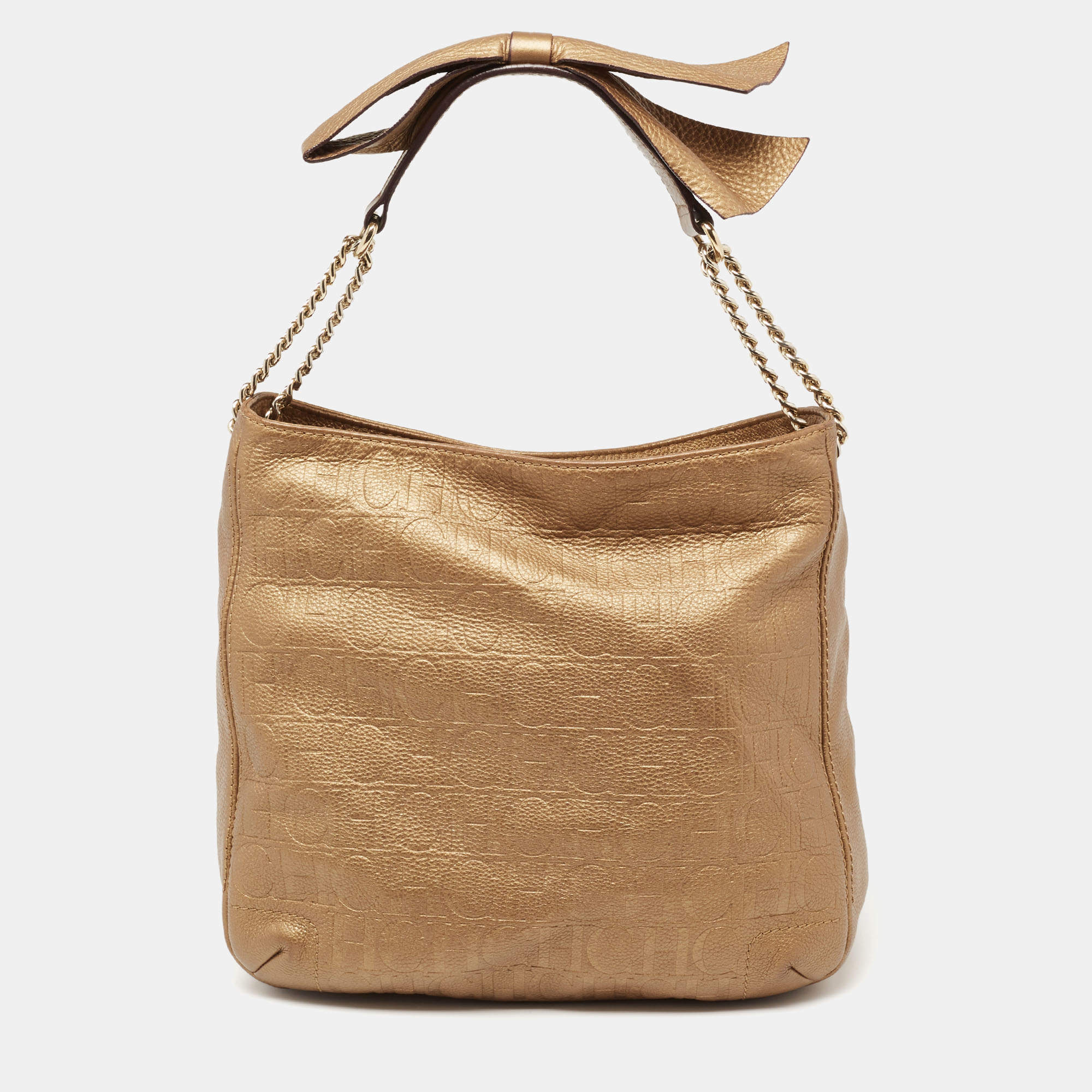 Pre Owned CH Carolina Herrera Metallic Gold Embossed Leather Chain Bow Hobo