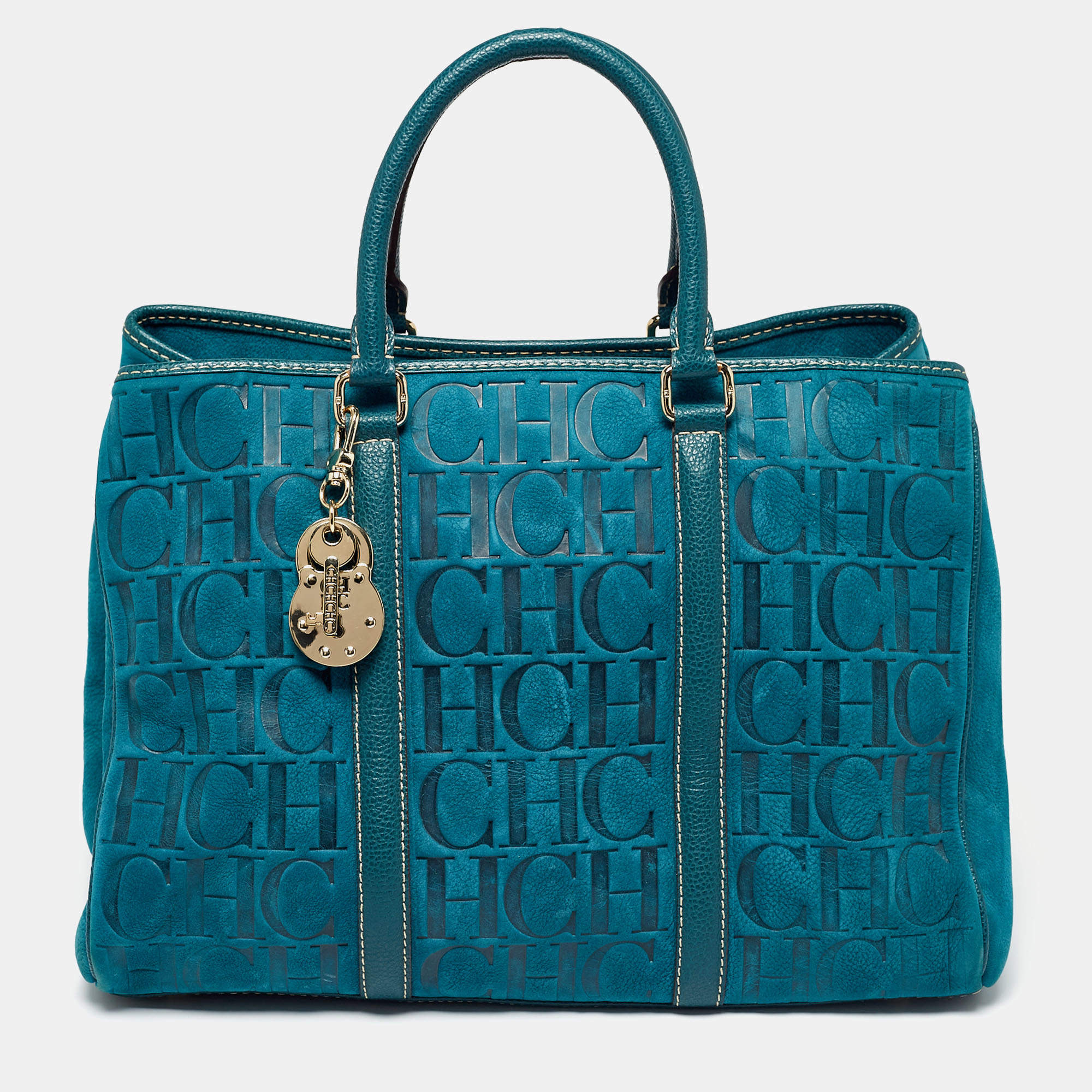مملوكة مسبقًا CH Carolina Herrera Teal Blue Monogram Embossed Leather Matteo Tote