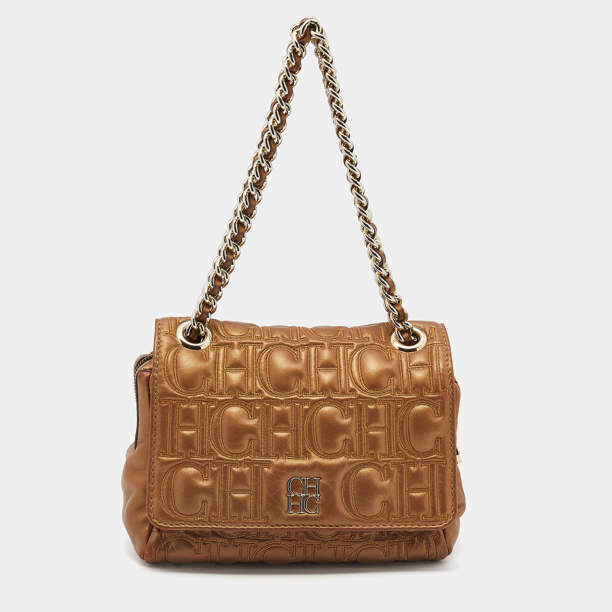 CH Carolina Herrera Metallic Gold Leather Monogram Quilted Flap Shoulder Bag