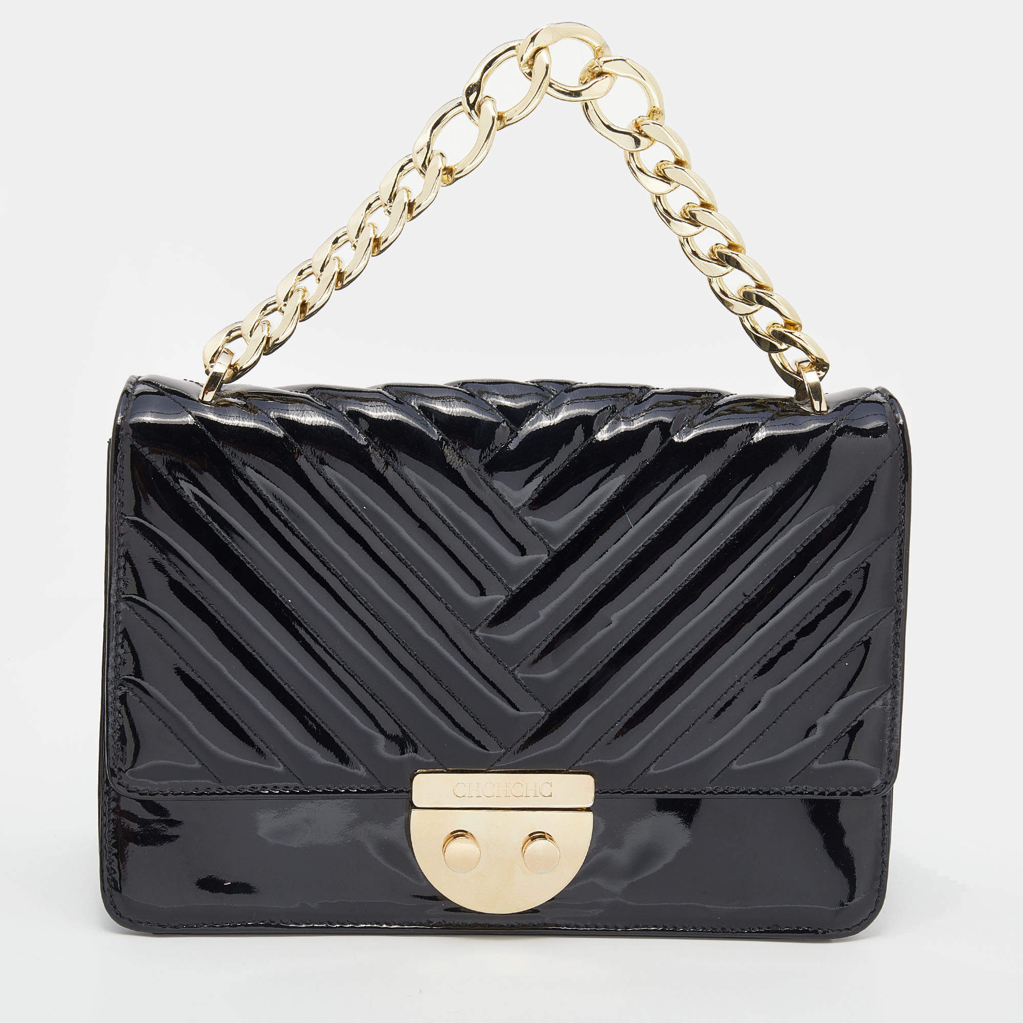 Pre Owned حقيبة سي أتش كارولينا هيريرا جلد لامع أسود يد علوية سلسلة