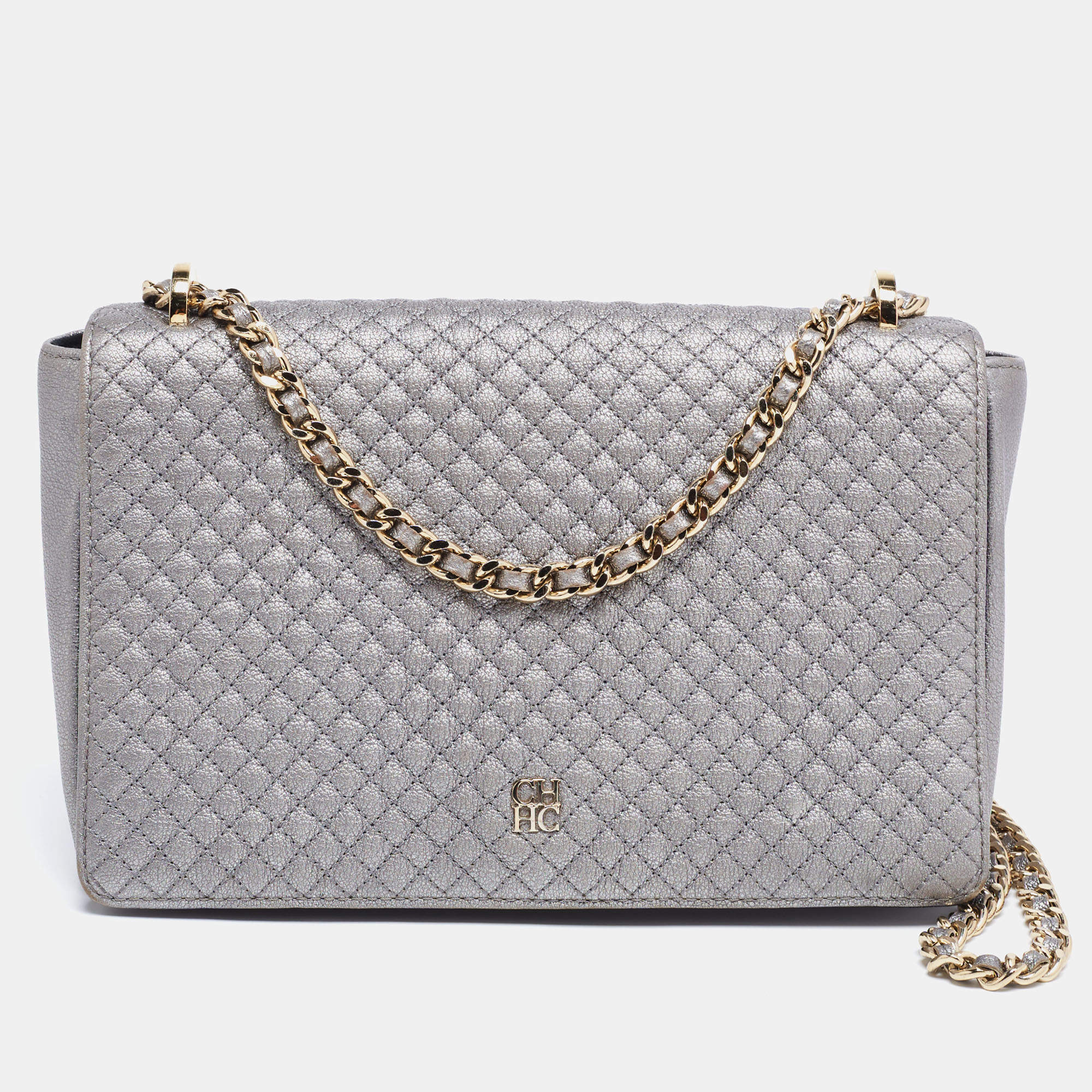 Pre Owned CH Carolina Herrera Metallic Grey Quilted Leather Flap Chain Shoulder Bag