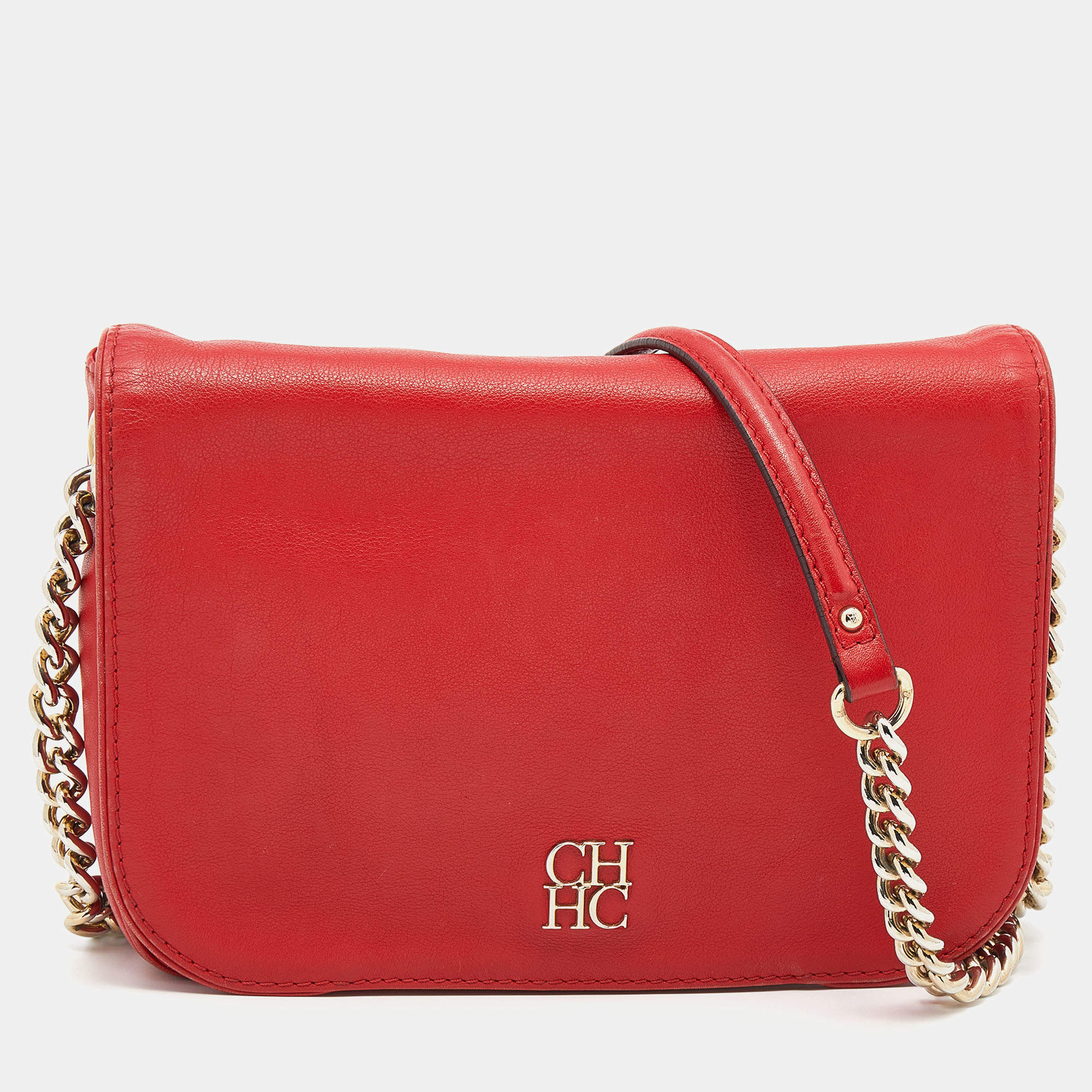 Pre Owned CH Carolina Herrera Red Leather Flap Chain Shoulder Bag
