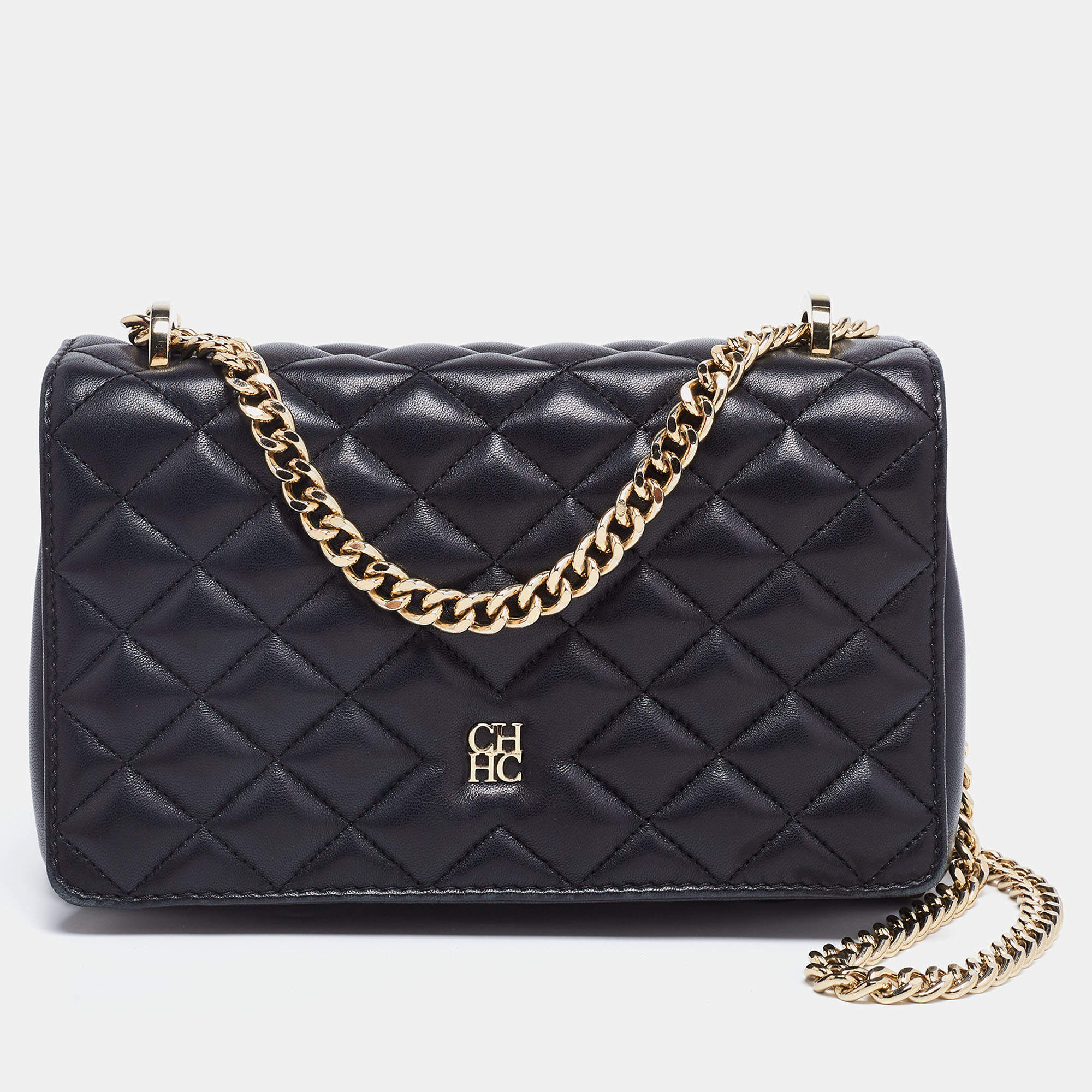 مملوكة مسبقًا CH Carolina Herrera Black Quilted Leather Flap Chain Shoulder Bag