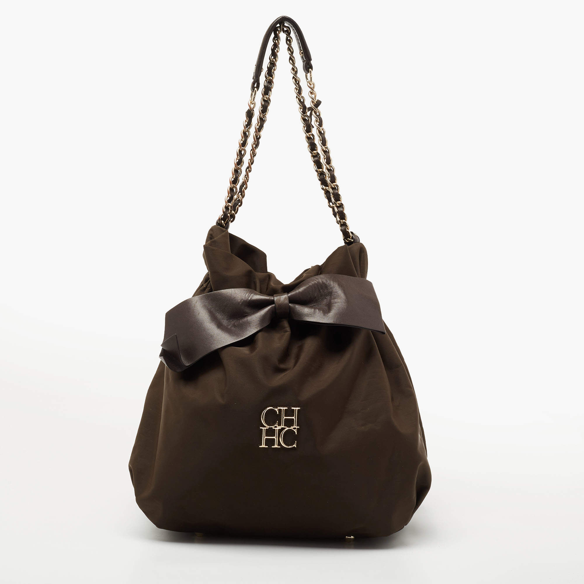 Pre Owned CH Carolina Herrera Brown Nylon and Leather Bow Bucket Bag