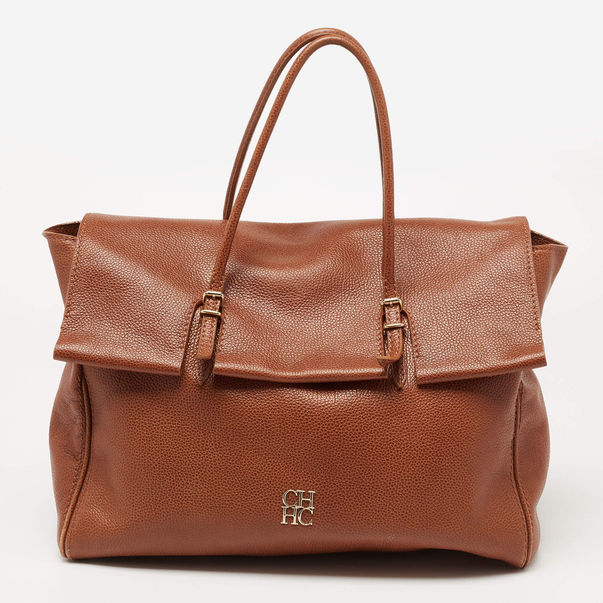Pre Owned CH Carolina Herrera Brown Leather Flap Tote