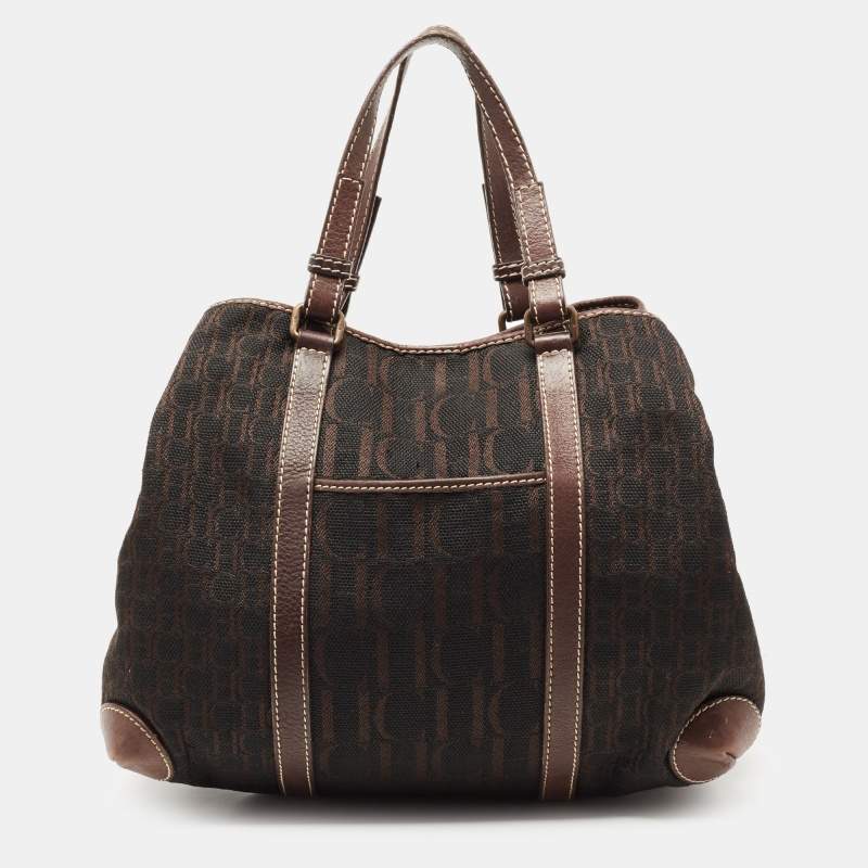 Pre Owned CH Carolina Herrera Dark Brown Monogram Canvas and Leather Front Pocket Tote