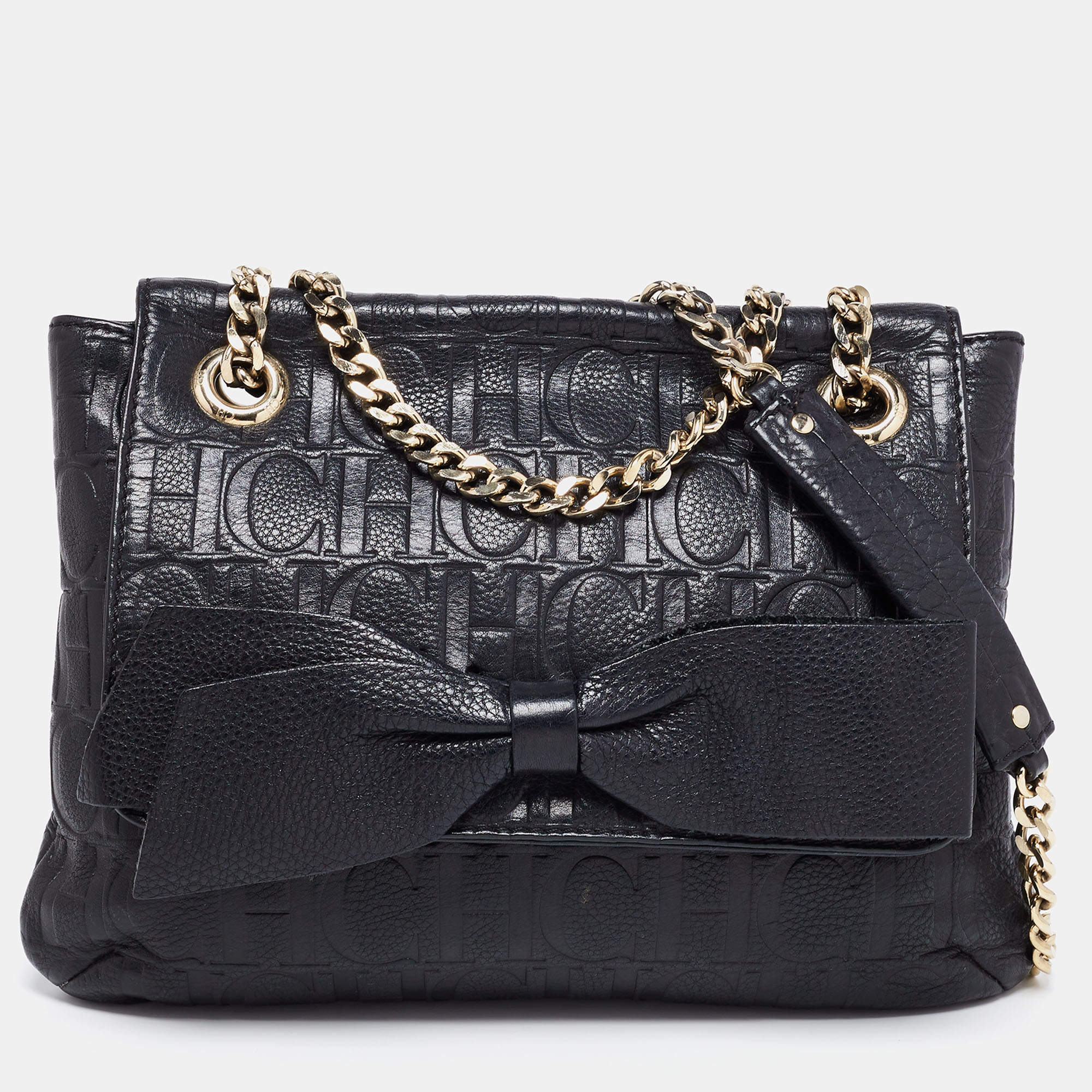 Pre Owned CH Carolina Herrera Black Monogram Leather Audrey Shoulder Bag