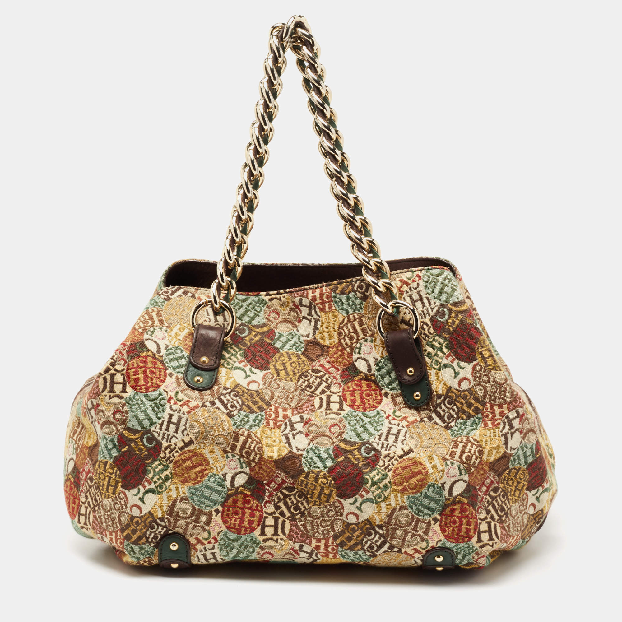 Pre Owned CH Carolina Herrera Multicolor Signature Print Fabric and Leather Chain Hobo