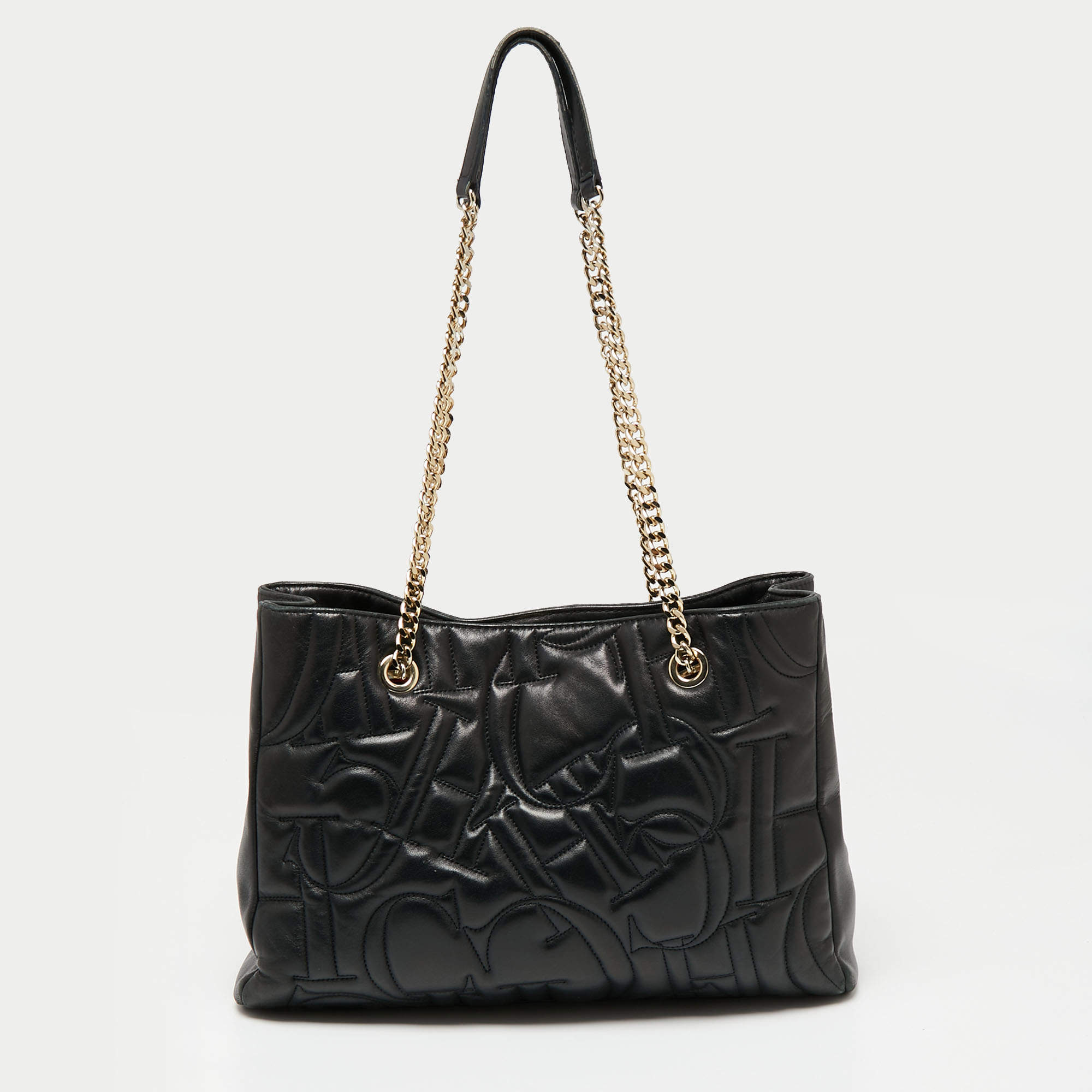 مملوكة مسبقًا CH Carolina Herrera Logo Embossed Leather Chain Tote