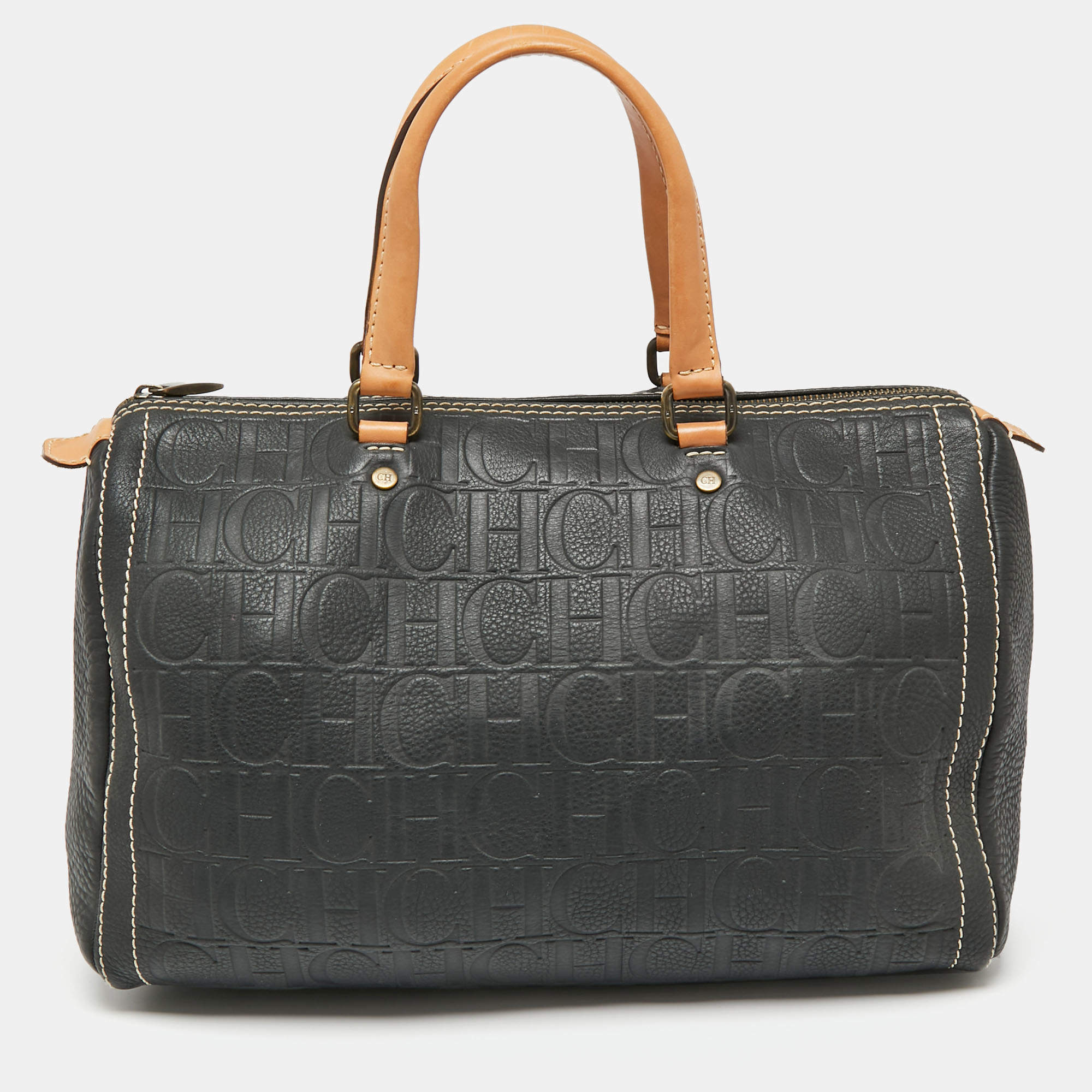Pre Owned CH Carolina Herrera Dark Grey Monogram Embossed Leather Large Andy Boston Bag