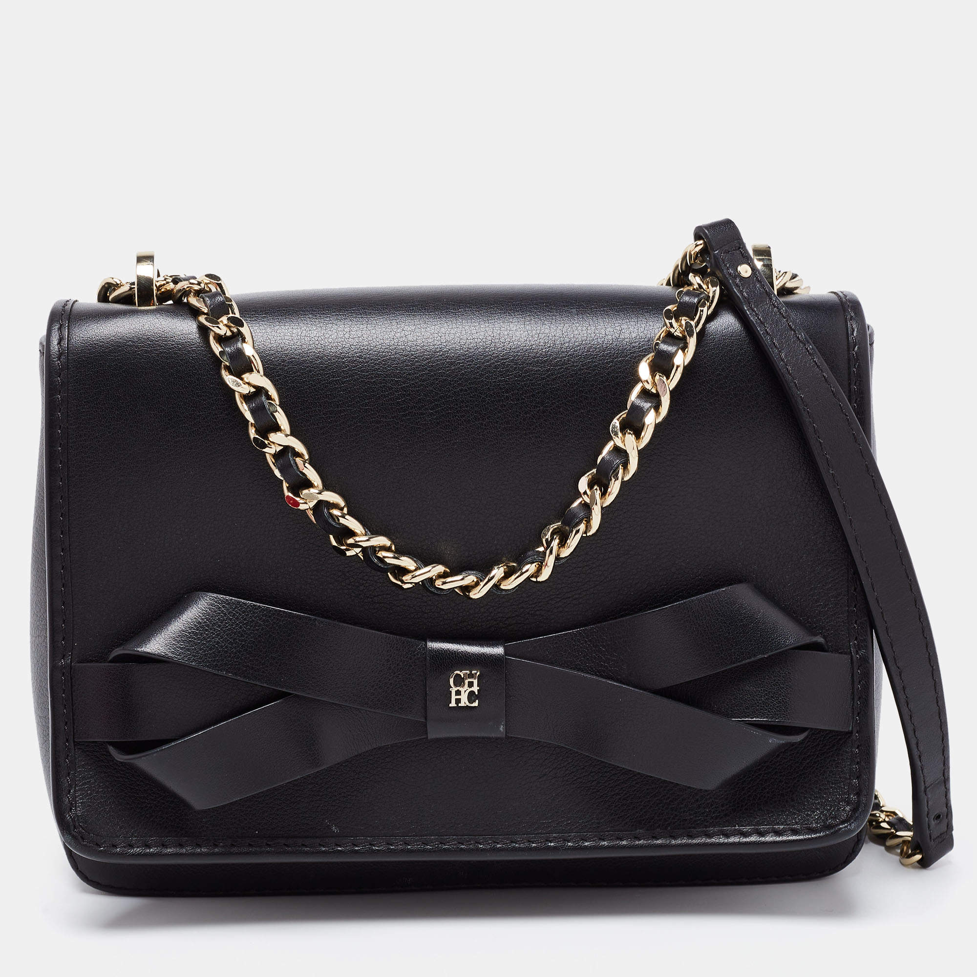 مملوكة مسبقًا CH Carolina Herrera Black Leather Bow Shoulder Bag